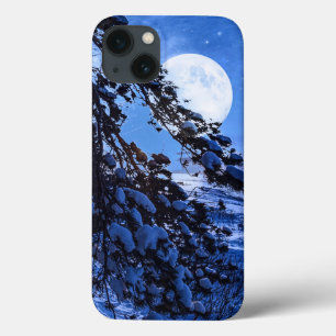 Moon over snowy fir tree and sea coast at night iPhone 13 case