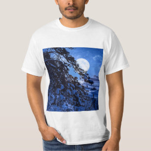 Moon over snowy fir tree and sea coast at night T-Shirt