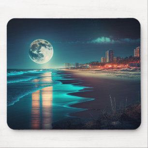 Moon overlooking the ocean and city mouse pad