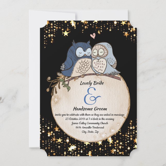 Moon Owls Watercolor Wedding Invitation (Front)