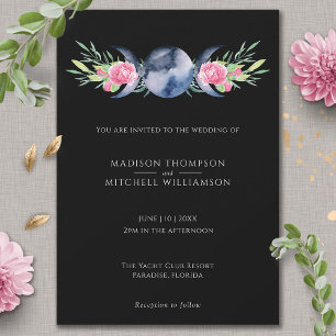 Moon Phase Pink Roses Floral Metaphysical Wedding Invitation