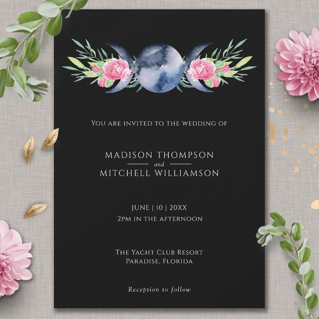 Moon Phase Pink Roses Floral Metaphysical Wedding Invitation (Creator Uploaded)