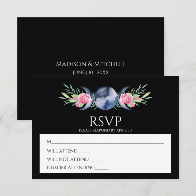 Moon Phase Pink Roses Floral Metaphysical Wedding  RSVP Card (Front/Back)