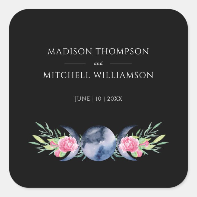 Moon Phase Pink Roses Floral Metaphysical Wedding Square Sticker (Front)