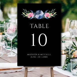 Moon Phase Pink Roses Floral Metaphysical Wedding Table Number