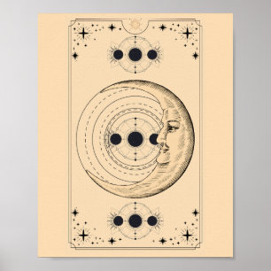 Moon phases ancient tarot card clouds distressed poster