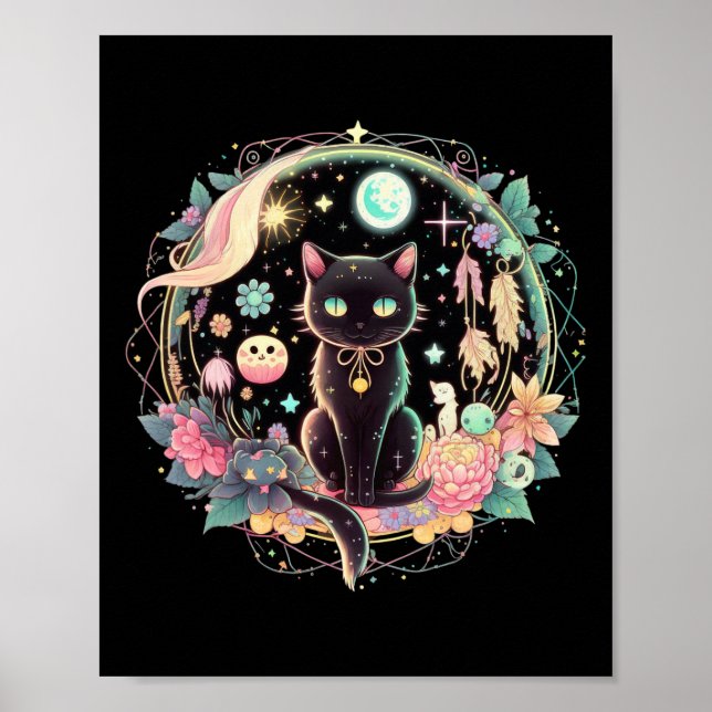 Moon Phases Crystal Witchy Cute Black Cat Kawaii P Poster (Front)