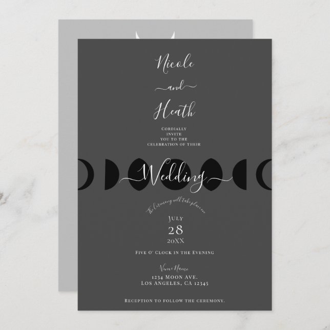 Moon Phases Cycles Black Grey & White Wedding    Invitation (Front/Back)