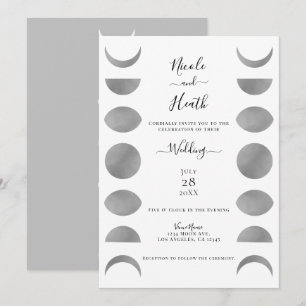 Moon Phases Cycles Silver Grey & White Wedding   Invitation