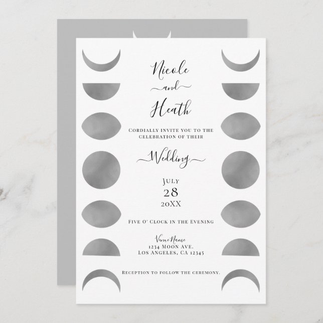Moon Phases Cycles Silver Grey & White Wedding   Invitation (Front/Back)