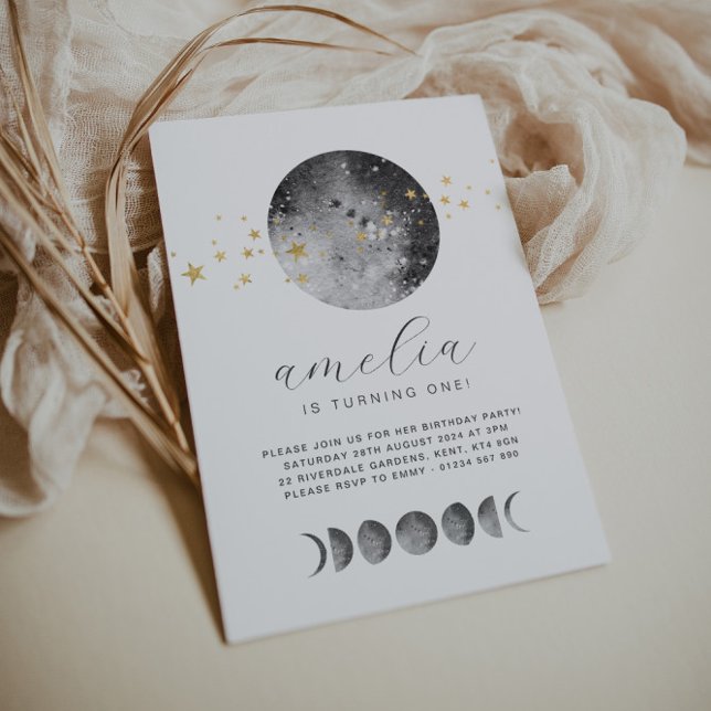 Moon Phases Gold Stars Birthday Invitation (Creator Uploaded)