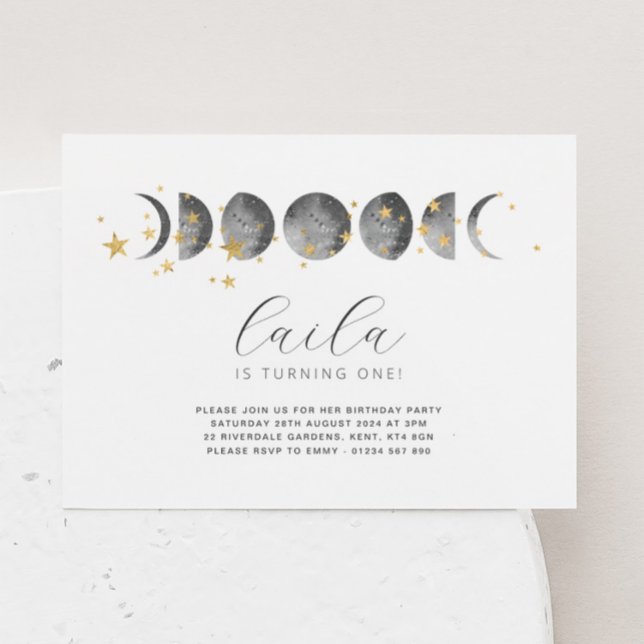 Moon Phases Gold Stars Birthday Invitation (Creator Uploaded)