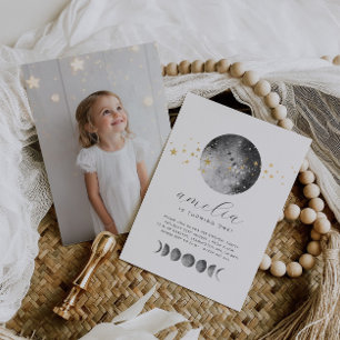 Moon Phases Gold Stars Photo Birthday Invitation