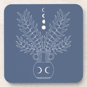 Moon phases leaves alchemy foliage urn slate blue coaster