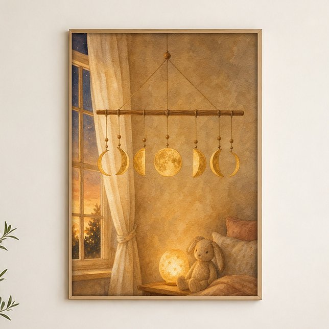 Moon Phases Mobile Watercolour Celestial Poster (Shown framed for scale. Poster ships unframed; frames are an optional add-on.)