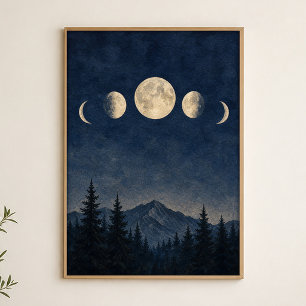Moon Phases Over the Ridgeline Watercolour Poster