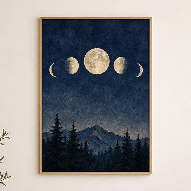 Moon Phases Over the Ridgeline Watercolour Poster (Shown framed for scale. Poster ships unframed; frames are an optional add-on.)