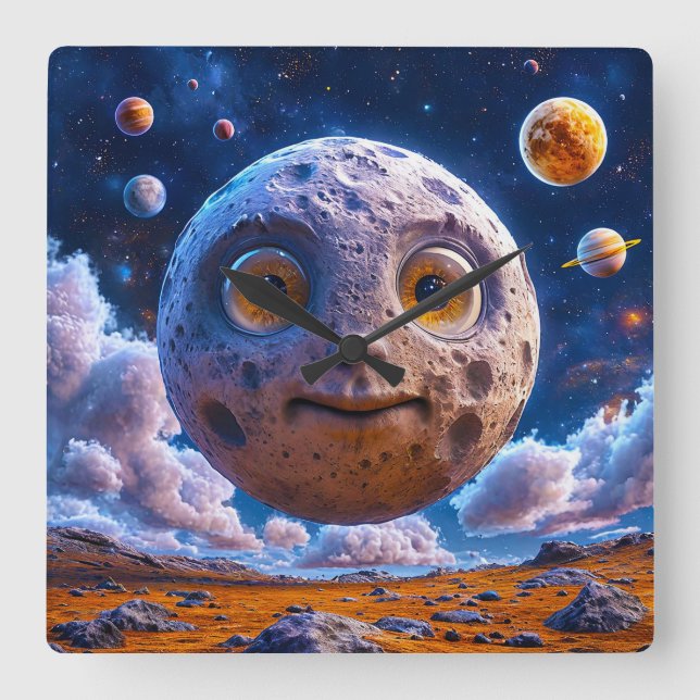 Moon planets galaxy square wall clock (Front)