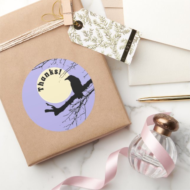 Moon Raven on a branch with purple background  Classic Round Sticker (Gifting)