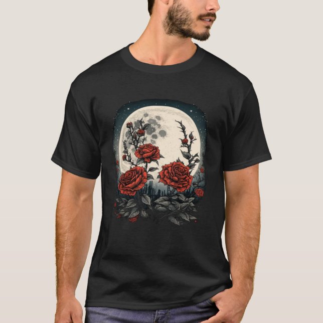 Moon Red Roses Flowers Floral Botanist Gardener T-Shirt (Front)