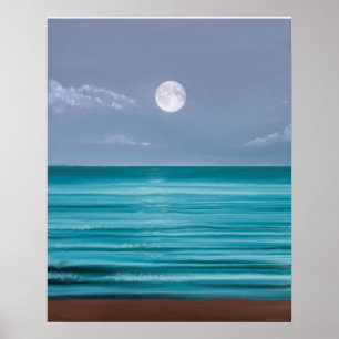 Moon rise over teal sea poster