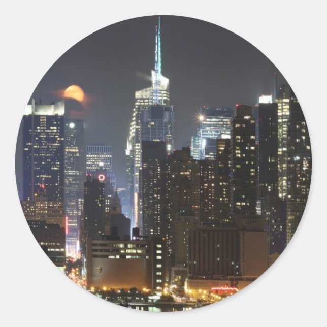 Moon rises over midtown New York. Classic Round Sticker (Front)