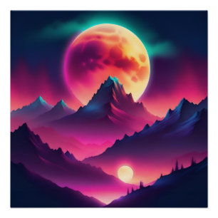 moon rising between the mountains poster