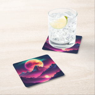 moon rising between the mountains square paper coaster
