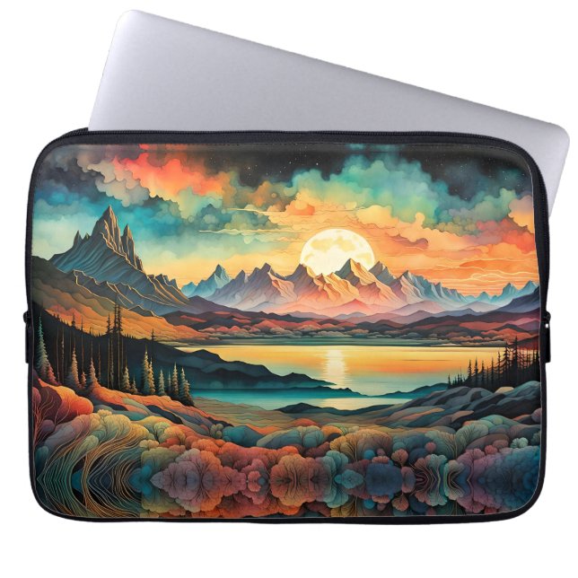Moon Rising Over Mountains, Retro Colour Design Laptop Sleeve (Front)