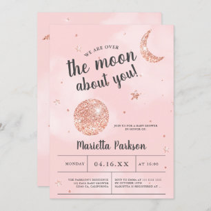Moon rose gold glitter pink clouds baby shower invitation