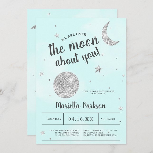 Moon silver glitter blue clouds baby shower invitation (Front/Back)