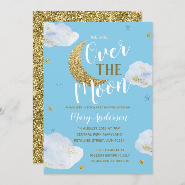 Moon Sky Blue Powder Blue and Gold Baby Shower Invitation (Front/Back)
