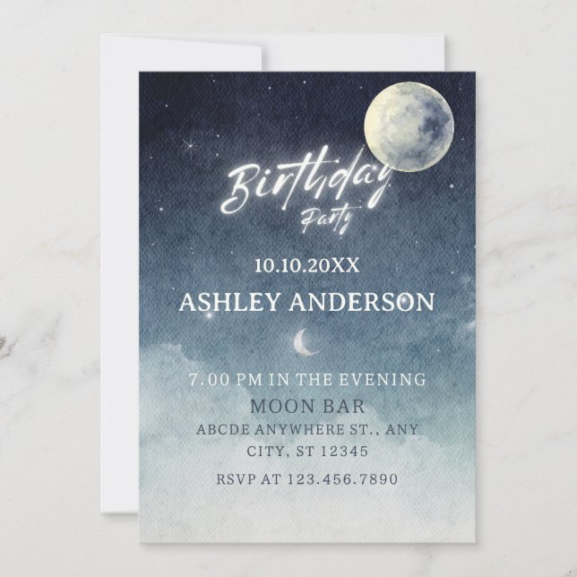 Moon sky light stars watercolor birthday invitation (Front)