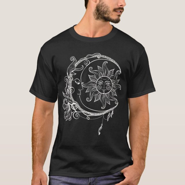 Moon Spiritual Crescent Sun Astronomy Stars T-Shirt (Front)