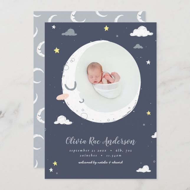 Moon, star and cloud cute photo birth announcement (Front/Back)