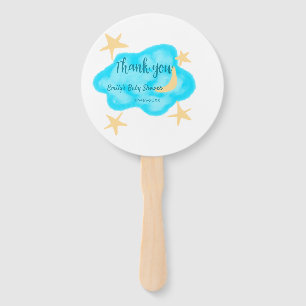 Moon star clouds watercolor baby shower add name t hand fan