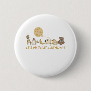 Moon,Stars, and Animals First Birthday 6 Cm Round Badge