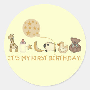 Moon,Stars, and Animals First Birthday Classic Round Sticker