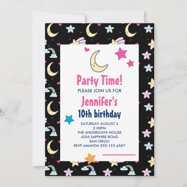 Moon, Stars and Clouds Pattern BlackBirthday Party Invitation (Front)