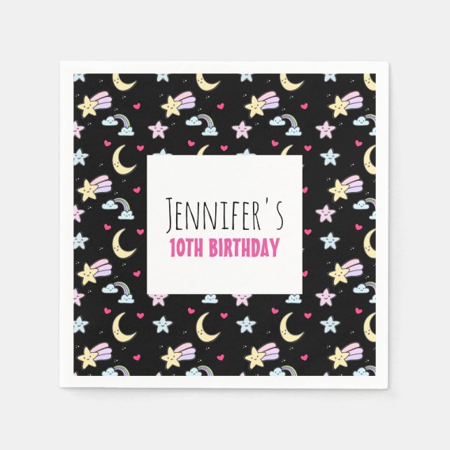 Moon, Stars and Clouds Pattern on Black Birthday Napkin (Front)