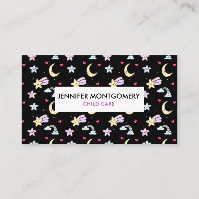 Moon, Stars and Clouds Pattern on Black Business Card (Front)