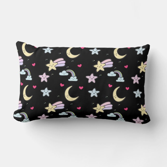 Moon, Stars and Clouds Pattern on Black Lumbar Cushion (Front)