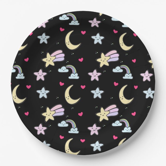 Moon, Stars and Clouds Pattern on Black Paper Plate (Front)