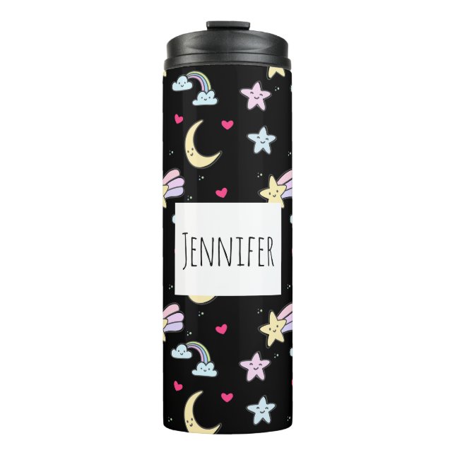 Moon, Stars and Clouds Pattern on Black Thermal Tumbler (Front)