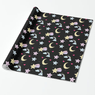 Moon, Stars and Clouds Pattern on Black Wrapping Paper
