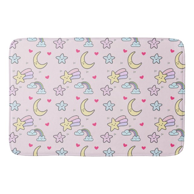 Moon, Stars and Clouds Pattern on Pastel Pink Bath Mat (Front)