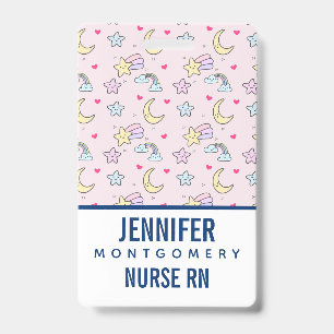 Moon, Stars and Clouds Pattern on Pastel Pink ID Badge