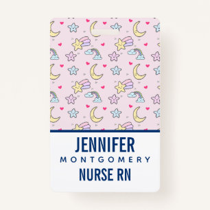 Moon, Stars and Clouds Pattern on Pastel Pink ID Badge