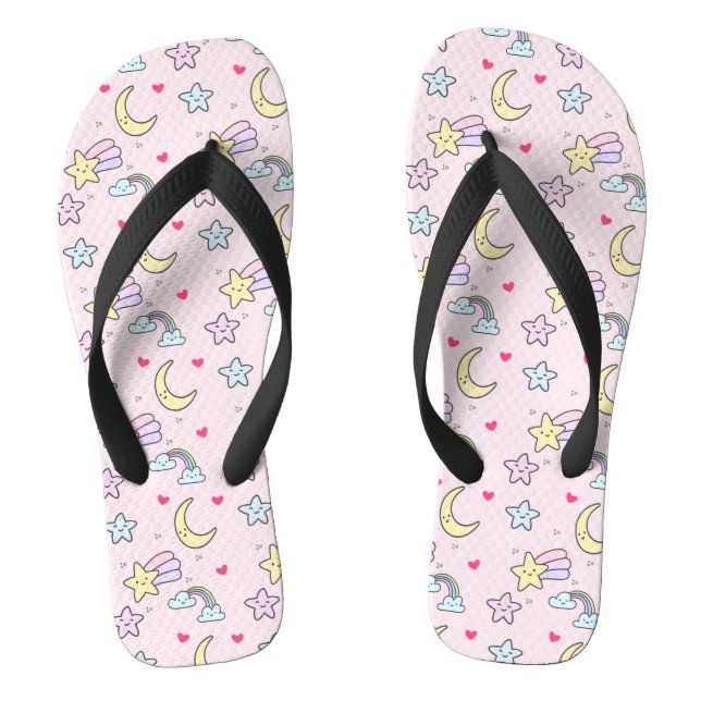 Moon, Stars and Clouds Pattern on Pastel Pink Jandals (Footbed)