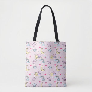Moon, Stars and Clouds Pattern on Pastel Pink Tote Bag